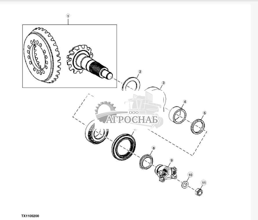 Входная шестерня спиральнозубой конической передачи и кольцевая шестерня, передний дифференциал 